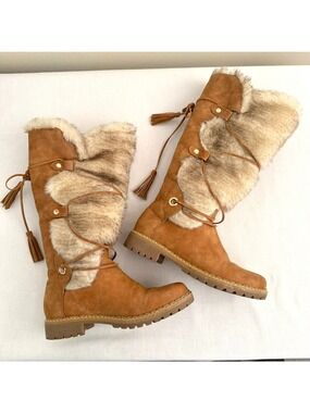 Just Fab Rooney Faux Fur Mid Calf Boots Brown Size 8 Chunky Heel Tassel Detail W